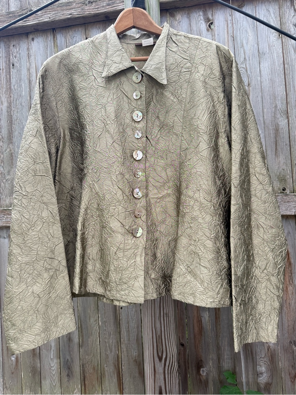 Eleven Stitch Design Olive-Gold Silk Crinkle Blouse Bohemian Lagenlook Artsy